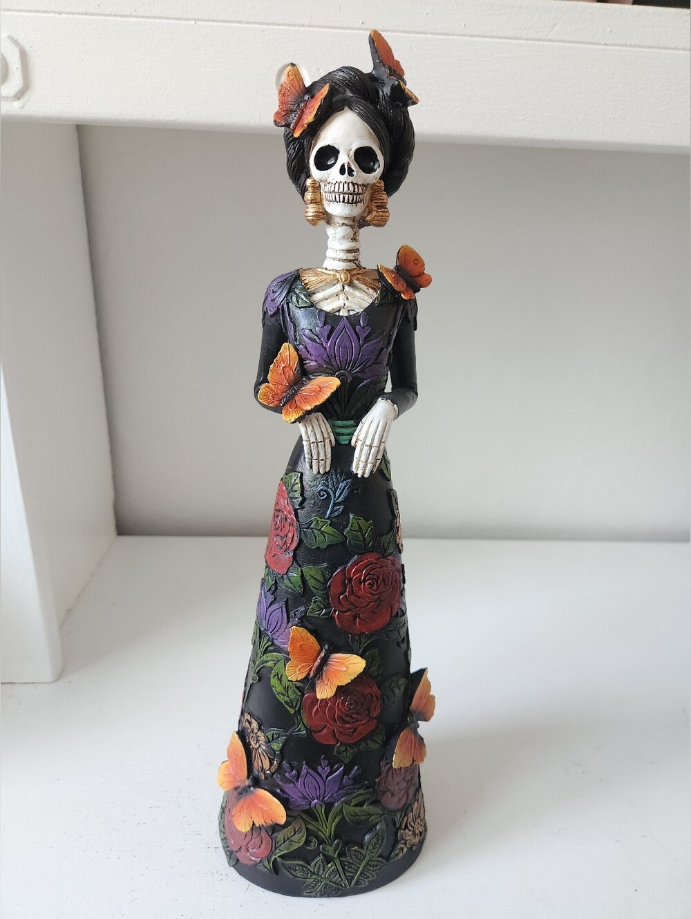 Day of the Dead Skeleton Lady Figurine Black w/ Multicolor Flowers & Butterflys